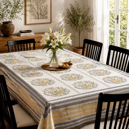 Ochre Yellow Bird Pattern Handmade Canvas Cotton Table Cover